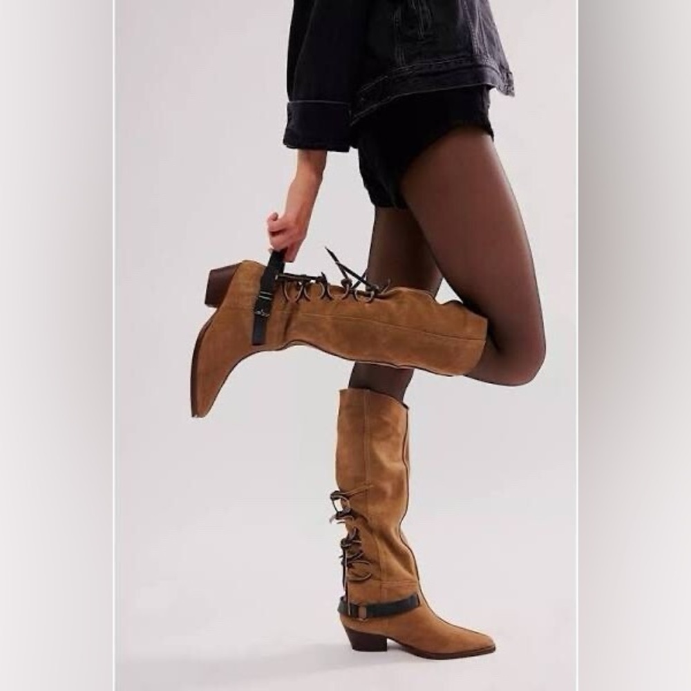 Free People Tan Lace-Up Western Knee Boots